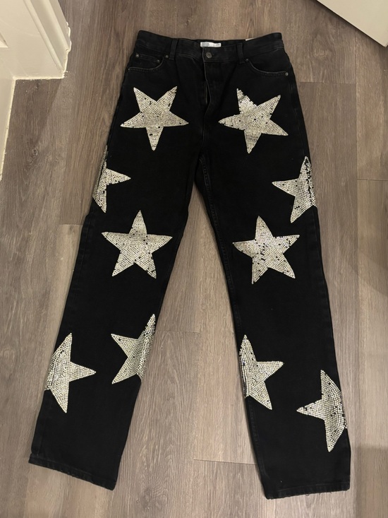 Bershka Denim - Bershka Black High-Waist Straight Denim Jeans with Custom Rhinestone Stars